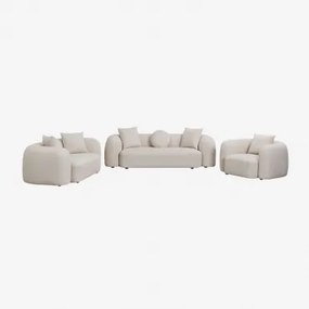 Zitkamer Set Met Modulaire 3-zitsbank, 2-zitsbank En Fauteuil In Coco Chenille Dikke Chenille Stof Wit - Sklum