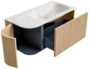 Mondiaz Kurve-dlux 95cm badmeubel ronding links oak met 1 lade en deur en wastafel big small rechts zonder kraangat frappe