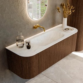 Mondiaz Kurve-dlux 140cm badmeubel ronding links/rechts walnut met 1 lade en 2 deuren en wastafel big small midden zonder kraangat opalo