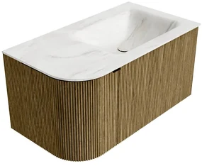 Mondiaz Kurve-dlux 85cm badmeubel ronding links dusk met 1 lade en deur en wastafel cloud kraangat rechts ostra