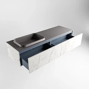 Mondiaz Erin 150cm badmeubel Carrara met 2 lades en donkergrijze wastafel links zonder kraangaten