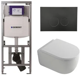 QeramiQ Dely Swirl Toiletset - 36.3x51.7cm - Geberit UP320 Burda inbouwreservoir - 35mm zitting - mat zwarte metalen bedieningsplaat - ronde knoppen - wit glans 0701131/SW706192/SW1000767/SW1026256