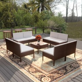 vidaXL 9-delige Loungeset met kussens poly rattan bruin