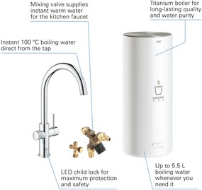 Grohe Red 3-in-1 kokend water kraan met C-uitloop en combi boiler chroom