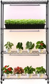 VEVOR plantenrek met kweeklamp 90x35x150 cm, plantenstandaard met 4 lagen, plantenplank met wielen, 90W 3-kleuren full spectrum lampen, metalen bloemenrek voor zaadkieming