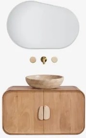Hangend Badkamermeubelset 95x45 Cm Van Mangohout En Natuurlijke Kivalina-steen Travertijn - Mangohout & Ronde Travertijn Ø40 Cm Eskel & Ovaal Led -