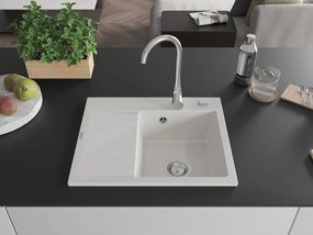 Mexen Ben granitische gootsteen met 1 bak met afdruiprek, rechts 600 x 500 mm, wit, sifon chroom - 6523605000-20