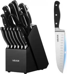 VEVOR Keukenmessenset met messenblok (hout) en slijpstaaf, 15-delige messenset van scherpe messen van hoogwaardig roestvrij staal, keukengerei met breukbestendig handvat, voor hobbykoks.