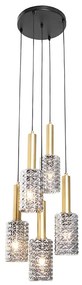 Hanglamp goud met smoke glas rond 5-lichts - Elva Art Deco E27 Binnenverlichting Lamp