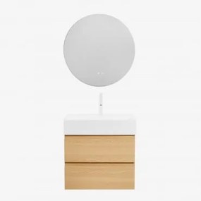 Badkamermeubelset Van Hout En Essenhoutfineer Met Geïntegreerde Wastafel Ona Natuurlijk Hout & Round Led And Antifog Ø70 Cm Solyn & - Sklum