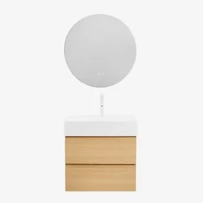 Badkamermeubelset Van Hout En Essenhoutfineer Met Geïntegreerde Wastafel Ona Natuurlijk Hout & Round Led And Antifog Ø70 Cm Solyn & - Sklum
