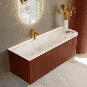 Mondiaz Kurve-dlux 125cm badmeubel ronding rechts ruby met 1 lade en deur en wastafel big medium kraangat links frappe