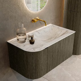 Mondiaz Kurve-dlux 85cm badmeubel ronding links shadow met 1 lade en deur en wastafel cloud rechts zonder kraangat glace