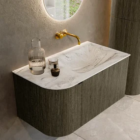 Mondiaz Kurve-dlux 85cm badmeubel ronding links shadow met 1 lade en deur en wastafel cloud rechts zonder kraangat glace