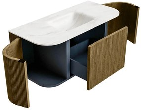 Mondiaz Kurve-dlux 100cm badmeubel ronding links/rechts dusk met 1 lade en 2 deuren en wastafel grunne midden 1 kraangat ostra