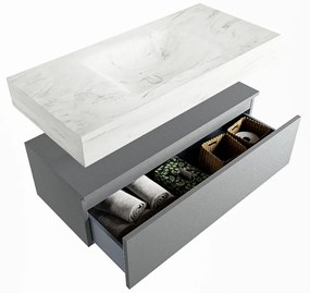 Mondiaz Alan DLux badmeubel 100cm plata 1 lade met wastafel opalo midden 1 kraangat