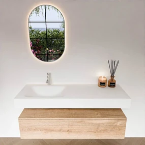 Zaro Alan badmeubel 130cm washed oak 1 lade met vrijhangende wastafel cloud links 1 kraangat talc