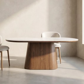 Ovale Eettafel Walnoot En Wit Marmer 200 Cm - 200 X 90cm.