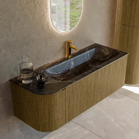Mondiaz Kurve-dlux 125cm badmeubel ronding links dusk met 1 lade en deur en wastafel big medium kraangat rechts lava