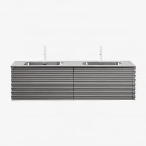 Conjunto Vaniteit Hangend 160x50 Cm In Hout Met Geïntegreerde Waskommen Noura Spiegelloze & Grijs – Nikkel & 2 X Wit ↑20 Cm Met Overloop Aftapventiel