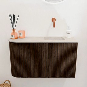 Mondiaz Joya DLux 70cm toiletmeubel ronding links walnut met wastafel faye rechts zonder kraangat ostra