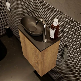Mondiaz Fowy toiletmeubel 40cm washed oak met zwarte waskom links en kraangat