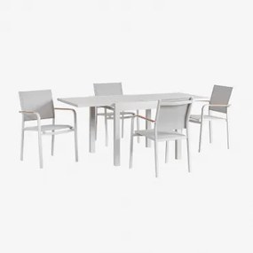 Set Van Rechthoekige Tafel 90-180x90 Cm Uitschuifbaar In Starmi Aluminium En 4 Stapelbare Archer Aluminium Tuinstoelen Gardenia Wit - Sklum