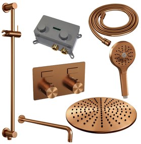 Brauer Copper Edition thermostatische inbouw regendouche met 3 standen handdouche, gebogen muurarm, glijstang en hoofddouche 30cm set 70 koper geborsteld PVD