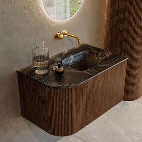 Mondiaz Kurve-dlux 75cm badmeubel ronding links walnut met 1 lade en deur en wastafel grunne rechts zonder kraangat lava