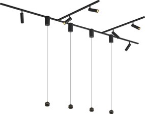Modern railsysteem zwart met 6 spots en 4 hanglampen easylift 1-fase - Slimline Uzzy Tira