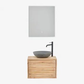 Deleyna Wandgemonteerde Houten Badkamermeubelset Natuurlijk Hout & Rond Grijs Cement Ø40 Cm Tarsis & Rechthoekige Led En Anticondens 60x70 Cm - Sklum