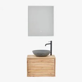 Hangend Badkamermeubelset 60x45 Cm In Hout Deleyna Natuurlijk Hout & Rond Grijs Cement Ø40 Cm Tarsis & Rechthoekige Led En Anticondens 60x70 Cm Riben