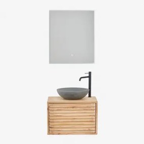 Hangend Badkamermeubelset 60x45 Cm In Hout Deleyna Natuurlijk Hout & Rond Grijs Cement Ø40 Cm Tarsis & Rechthoekige Led En Anticondens 60x70 Cm -