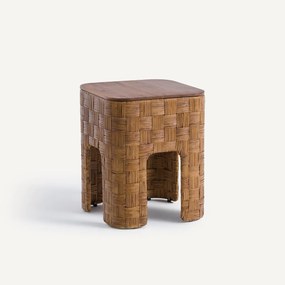 Nachtkastje van massief teakhout en gevlochten rotan, Dhalia