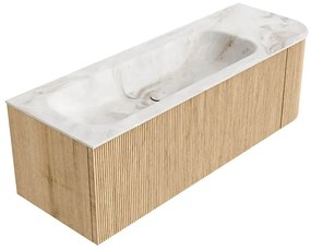 Mondiaz Kurve-dlux 135cm badmeubel ronding rechts oak met 1 lade en deur en wastafel big medium links zonder kraangat frappe