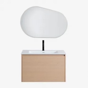 Jacob Zwevend Houten Badkamermeubelset Met Geïntegreerde Wastafel Natuurlijk Hout & Ovaal Led En Anticondens 100x80 Cm Riben & Mat Zwart - Sklum