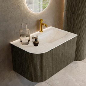 Mondiaz Kurve-dlux 75cm badmeubel ronding links shadow met 1 lade en deur en wastafel grunne kraangat rechts ostra