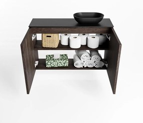 Mondiaz Fowy toiletmeubel 80cm dark brown met zwarte waskom rechts zonder kraangat