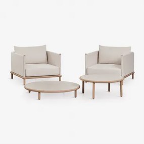 Woonkamerset Met 2 Fauteuils En 2 Ronde Salontafels Van Acaciahout Olivia Gardenia Wit & Lichte Acaciekleur - Sklum