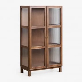Mangohouten Vitrinekast Met Glas Ildara 160x90 Cm & Goudkleurig - Donker Mangohout - Sklum
