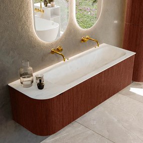 Mondiaz Kurve-dlux 145cm badmeubel ronding links ruby met 1 lade en deur en wastafel big large rechts zonder kraangat opalo