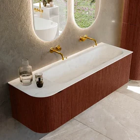 Mondiaz Kurve-dlux 145cm badmeubel ronding links ruby met 1 lade en deur en wastafel big large rechts zonder kraangat opalo