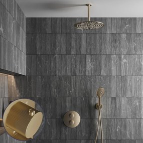 Saniclear Brass Stripes inbouw regendouche rond met 20cm hoofddouche, plafondarm en 2 standen handdouche geborsteld messing - mat goud