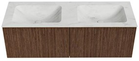 Mondiaz Kurve-dlux 130cm badmeubel walnut met 2 lades en wastafel leaf dubbel 2 kraangaten opalo