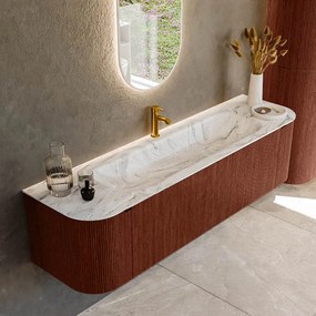 Mondiaz Kurve-dlux 170cm badmeubel ronding links/rechts ruby met 1 lade en 2 deuren en wastafel big large midden 1 kraangat glace