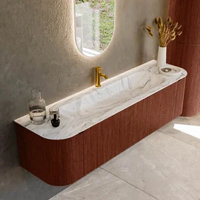 Mondiaz Kurve-dlux 170cm badmeubel ronding links/rechts ruby met 1 lade en 2 deuren en wastafel big large midden 1 kraangat glace