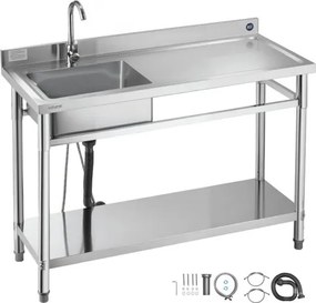 VEVOR RVS spoelbak (120 x 50 x 94 cm), enkele kom met kraan en plank, keukengootsteen voor garage, restaurant, wasruimte, buitenwasbak met werkblad (rechts)