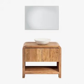 Vacry Houten Badkamermeubelset Acacia Bruin & Rond Cement Wit Ø40 Cm Zavion & Rechthoekige Led En Anticondens 100x70 Cm Riben & Zonder Kraan & ↔ -