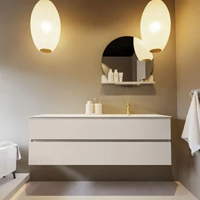 Mondiaz Vica DLux badmeubel 150cm linen 2 lades met wastafel opalo rechts 1 kraangat