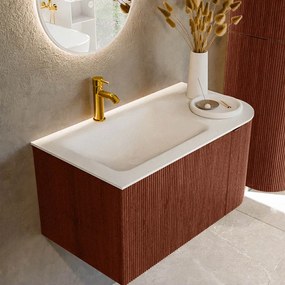 Mondiaz Kurve 85cm badmeubel ronding rechts ruby met 1 lade en deur en wastafel cloud kraangat links